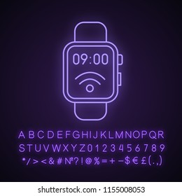NFC smartwatch neon light icon. Near field communication. Smart wristwatch. Contactless technology. Glowing sign with alphabet, numbers and symbols. Vector isolated illustration