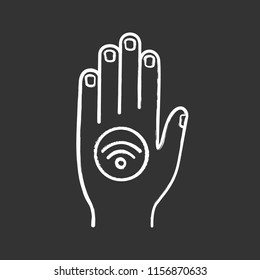 NFC sticker on hand chalk icon. Near field communication. RFID sticker. NFC tag. Contactless technology. Isolated vector chalkboard illustrations