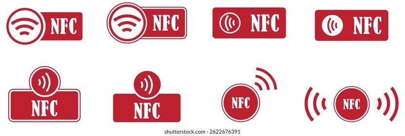 Set von NFC Wireless Payment Technology Symbol auf weißem Hintergrund. NFC-Vektorgrafik für digitale Bezahlung und drahtloses technisches Design. Flaches Design Wireless NFC-Label-Symbol-Set. Vektorgrafik