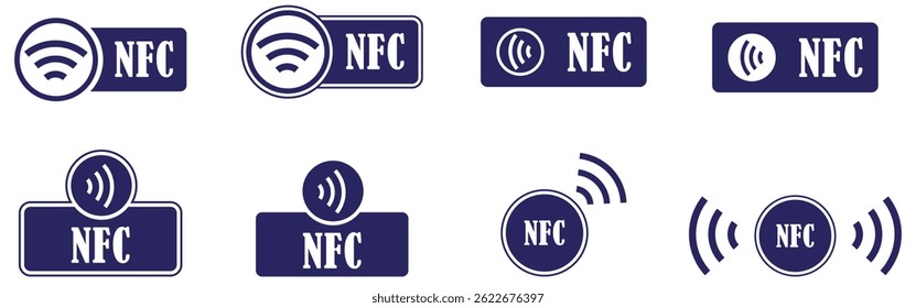 Colección de conjunto de iconos de pagos inalámbricos NFC sobre fondo blanco. Colección de símbolos de tecnología NFC. Icono de logotipo sin contacto en el Vector. Insignia NFC moderna para acceso a billetera digital. Ilustración vectorial