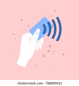 NFC system for contactless payments. Easy money transfer technology for contactless transaction. Plastic debit / credit card no contact checkout. Financial pos reader flat vector illustration.