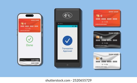 Pagamento de cartão NFC Tap com Smartphone, cartão de crédito e terminal sem contato. Ilustração de vetor para transações contínuas.