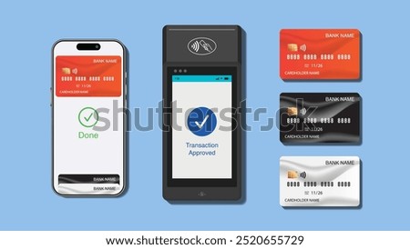 NFC Tap Card Payment with Smartphone, Credit Card, and Contactless Terminal. Vector Illustration for Seamless Transactions.