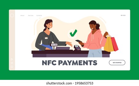 NFC Technologies Landing Page Template. Contactless Payment with Card Reader Machine. Female Character in Supermarket Stand at Pos Terminal Make Cashless Paying Purchases, Cartoon Vector Illustration