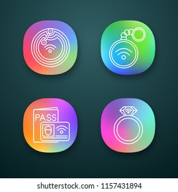 NFC technology app icons set. Near field chip, trinket, identification system, ring. UI/UX user interface. Web or mobile applications. Vector isolated illustrations