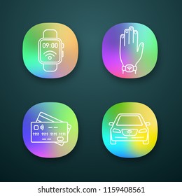 NFC technology app icons set. Near field smartwatch, bracelet, credit cards, car. UI/UX user interface. Web or mobile applications. Vector isolated illustrations