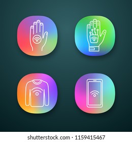 NFC technology app icons set. Near field hand sticker, implant, clothes, smartphone. UI/UX user interface. Web or mobile applications. Vector isolated illustrations