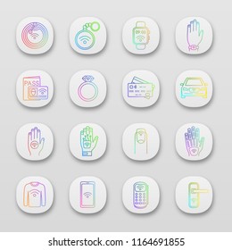 NFC technology app icons set. Near field communication. RFID and nfc tag, sticker, phone, trinket, ring, implant. UI/UX user interface. Web or mobile applications. Vector isolated illustrations