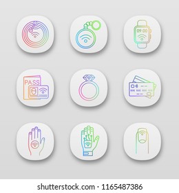 NFC technology app icons set. Near field chip, trinket, smartwatch, identification system, ring, credit card, sticker, hand implant, manicure. UI/UX user interface. Vector isolated illustrations