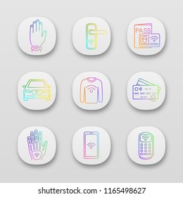NFC technology app icons set. Near field bracelet, door lock, identification system, car, clothes, credit card, hand implant, smartphone, POS terminal. UI/UX interface. Vector isolated illustrations
