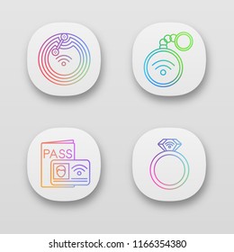 NFC technology app icons set. Near field chip, trinket, identification system, ring. UI/UX user interface. Web or mobile applications. Vector isolated illustrations