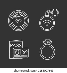 NFC technology chalk icons set. Near field chip, trinket, identification system, ring. Isolated vector chalkboard illustrations