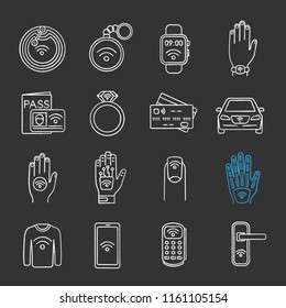 NFC technology chalk icons set. Near field communication. RFID and nfc tag, sticker, phone, trinket, ring, implant. Contactless technology. Isolated vector chalkboard illustrations