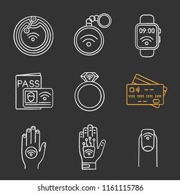 NFC technology chalk icons set. Near field chip, trinket, smartwatch, identification system, ring, credit card, sticker, hand implant, manicure. Isolated vector chalkboard illustrations