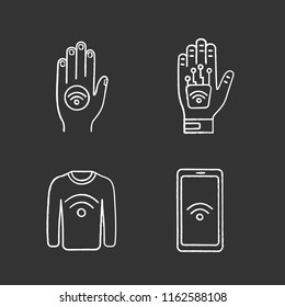 NFC technology chalk icons set. Near field hand sticker, implant, clothes, smartphone. Isolated vector chalkboard illustrations