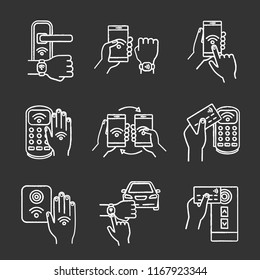 NFC technology chalk icons set. NFC bracelet, door lock, data transfer, smartphone, car. Near field communication. Contactless payment. Isolated vector chalkboard illustrations