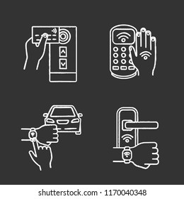 NFC technology chalk icons set. Near field credit card reader, payment terminal, car key bracelet, door lock, hand sticker. Isolated vector chalkboard illustrations