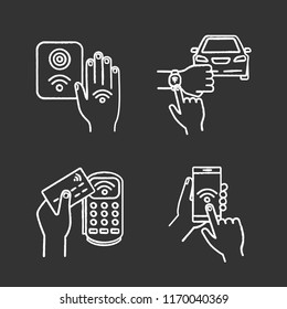 NFC technology chalk icons set. Near field smartphone, car and bracelet, payment terminal, reader. Isolated vector chalkboard illustrations
