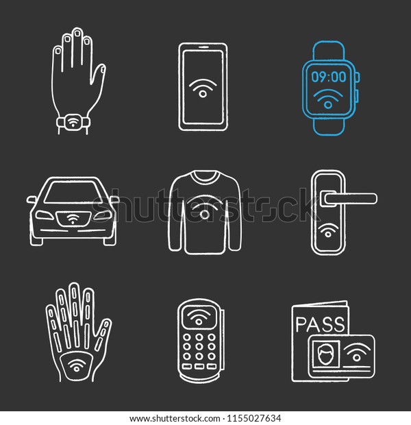 NFC technology chalk icons set. Near field\
bracelet, smartphone, credit card, car, clothes, door lock, hand\
implant, POS terminal, identification system. Isolated vector\
chalkboard illustrations