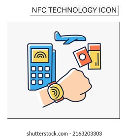 NFC technology color icon. Digital tickets bought by smart watch. Trip planning. Contactless payment concept. Isolated vector illustration