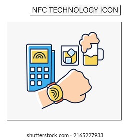 NFC technology color icon. Payments in a bar by smart watch. Fast paying for alcohol drinks. Banking terminal. Contactless payment concept. Isolated vector illustration