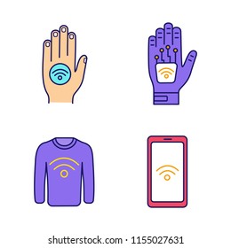 NFC technology color icons set. Near field hand sticker, implant, clothes, smartphone. Isolated vector illustrations