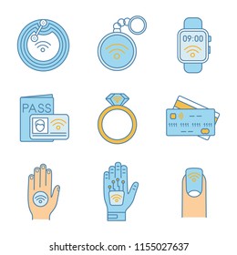 NFC technology color icons set. Near field chip, trinket, smartwatch, identification system, ring, credit card, sticker, hand implant, manicure. Isolated vector illustrations