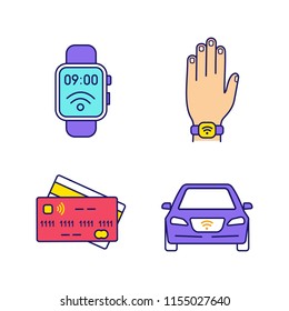 NFC technology color icons set. Near field smartwatch, bracelet, credit cards, car. Isolated vector illustrations