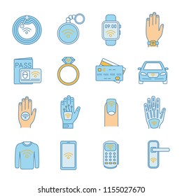 NFC technology color icons set. Near field communication. RFID and nfc tag, sticker, phone, trinket, ring, implant. Contactless technology. Isolated vector illustrations