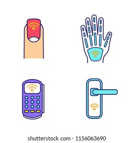 NFC technology color icons set. Near field manicure, hand implant, POS terminal, door lock. Isolated vector illustrations