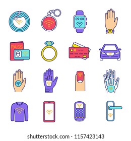 NFC technology color icons set. Near field communication. RFID and nfc tag, sticker, phone, trinket, ring, implant. Contactless technology. Isolated vector illustrations