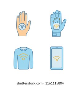 NFC technology color icons set. Near field hand sticker, implant, clothes, smartphone. Isolated vector illustrations