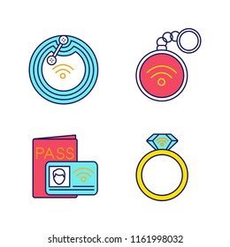 NFC technology color icons set. Near field chip, trinket, identification system, ring. Isolated vector illustrations