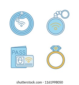 NFC technology color icons set. Near field chip, trinket, identification system, ring. Isolated vector illustrations