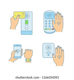 NFC technology color icons set. Near field credit card reader, payment terminal, bracelet, access control, hand sticker. Isolated vector illustrations