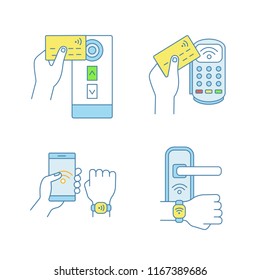 NFC technology color icons set. Near field credit card reader, payment terminal, smartphone and bracelet, door lock. Isolated vector illustrations