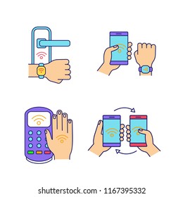 NFC technology color icons set. Near field door lock, bracelet, payment terminal, data transfer. Isolated vector illustrations