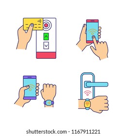 NFC technology color icons set. Near field credit card reader, smartphone, bracelet, door lock. Isolated vector illustrations
