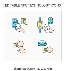 NFC technology color icons set. Safety payment system on smart watch or mobile phone. Delivery, public transportation payment.Contactless payment concept. Isolated vector illustrations