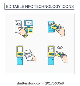NFC technology color icons set. Safety payment system on smart watch or mobile phone. Near Field Communication. Contactless payment concept. Isolated vector illustrations