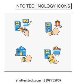 NFC Technology Color Icons Set. Credit Card, Smart Watch For Payments For Gas, Shopping And Taxi Service.Contactless Payment Concept. Isolated Vector Illustrations