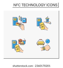 NFC technology color icons set. Credit card, smart watch for payments for coffee, fast food and office supplies.Contactless payment concept. Isolated vector illustrations