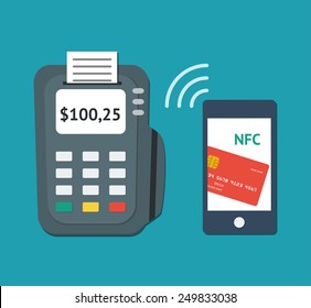 NFC technology concept. Flat illustration of smartphone with credit card on its screen and POS-terminal, processing of mobile payments. Vector illustration isolated on white background.