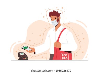 NFC-Technologiekonzept. Mann in der Gesichtsmaske Verwenden Sie Smartphone für Wireless Pay an der Kasse. Käufer nutzen Pos Terminal für bargeldlose Zahlung während der Coronavirus-Pandemie. Cartoon-Flache Vektorgrafik