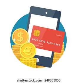 NFC technology concept. Smartphone with credit card on its screen money, processing of mobile payments. Vector