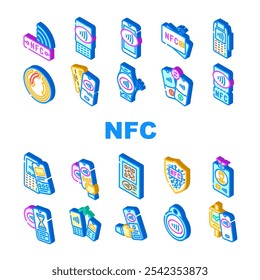 nfc technology contactless icons set vector. payment communication, proximity wireless, data transfer, tag reader, smartphone nfc technology contactless isometric sign illustrations