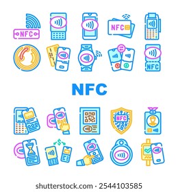 nfc technology contactless icons set vector. payment communication, proximity wireless, data transfer, tag reader, smartphone nfc technology contactless color line illustrations