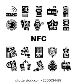 tecnologia nfc ícones sem contato definir vetor. comunicação de pagamento, proximidade sem fio, transferência de dados, leitor de etiquetas, smartphone tecnologia nfc pictograma de glifo sem contato Ilustrações