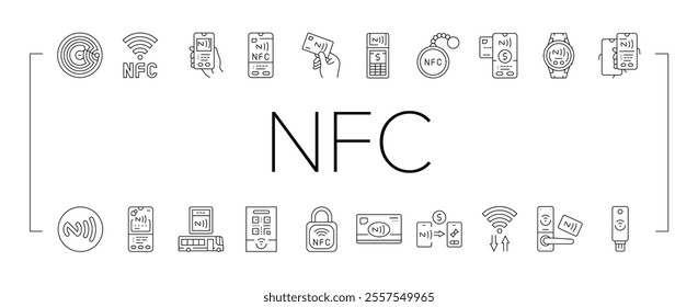 nfc technology contactless icons set vector. payment communication, proximity wireless, data transfer, chip tag, reader nfc technology contactless black contour illustrations