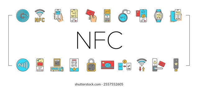 nfc technology contactless icons set vector. payment communication, proximity wireless, data transfer, chip tag, reader nfc technology contactless color line illustrations